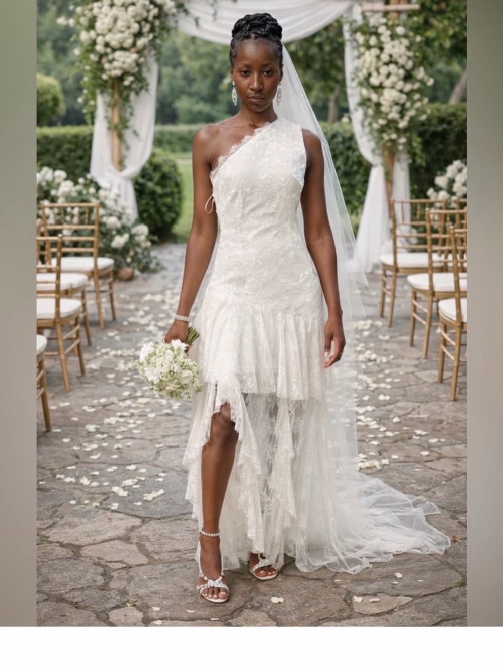 One-Shoulder Lace High-Low Bridal Maxi Dress in Ivory